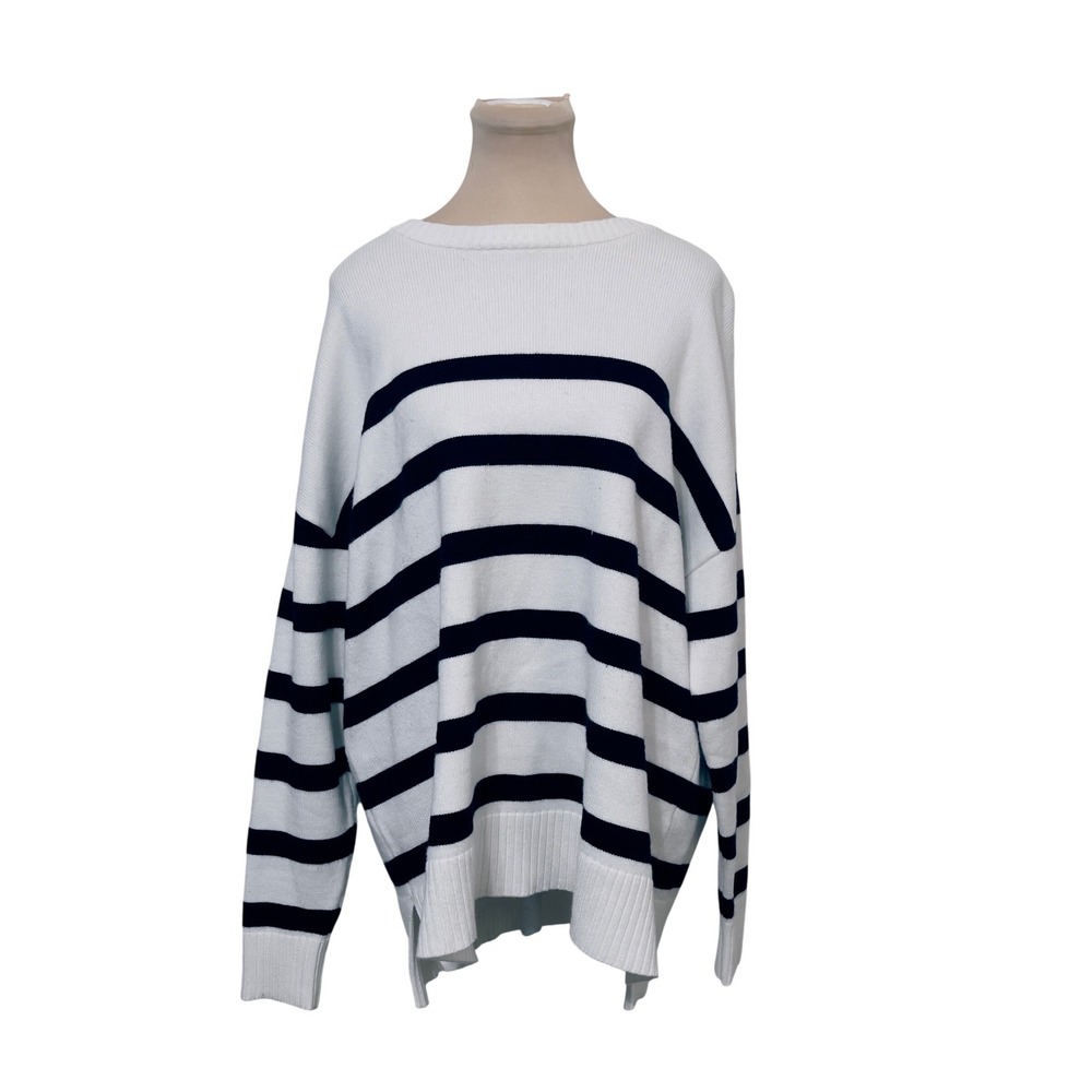 French Connection Sweater XL White Blue Striped Crewneck Nautical Preppy Coastal